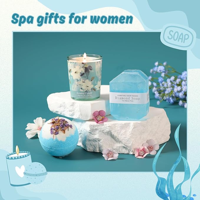 Get Well Gifts for Women, 9pc Happy Birthday Self Care Package Spa Bath Blue Gift Box for Women Who Have Everything New Mom Girl Grandma Coworkers Mother Christmas