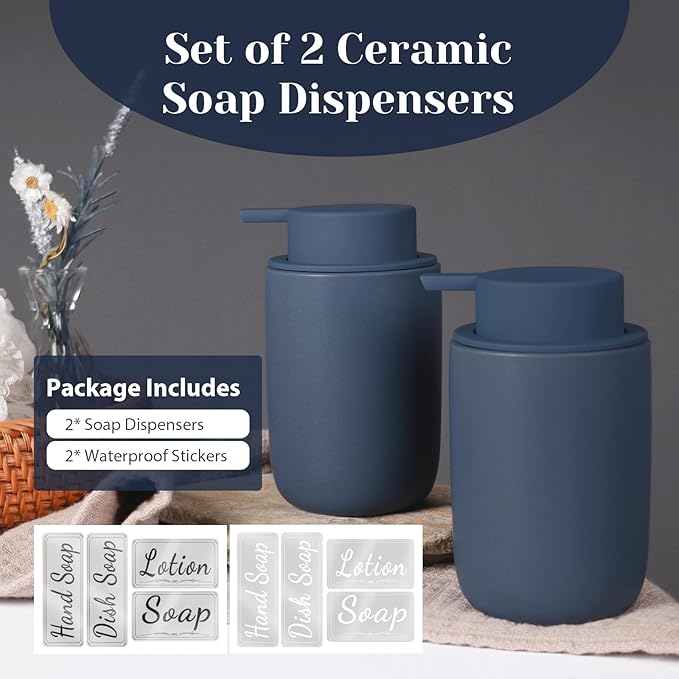 INGOFIN Ceramic Foaming Soap Dispenser Set, 2 Pack (12 oz) Bathroom Foam Hand Soap Dispenser with Pump, Hand and Dish Dispenser Set with 8 Pcs Clear Stickers,for Kitchen- Matte Blue
