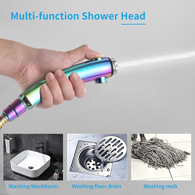 KAIYING Drill-Free High Pressure Handheld Shower Head with ON/OFF Switch, 3 Spray Modes - Polished Finish, Shower Head (Radiant Rainbow) + Bracket + Hose
