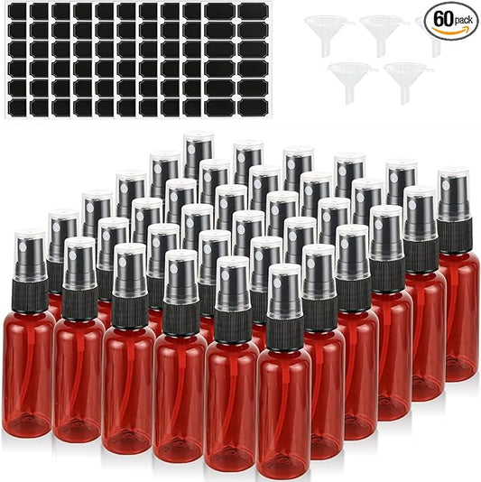 60PCS 2 oz Plastic Amber Spray Bottle, Empty Small Amber Spray Bottle with Sticker and Funnel, Refillable Mini Mister Spray Bottles for Essential Oils, Bath & Cleaning