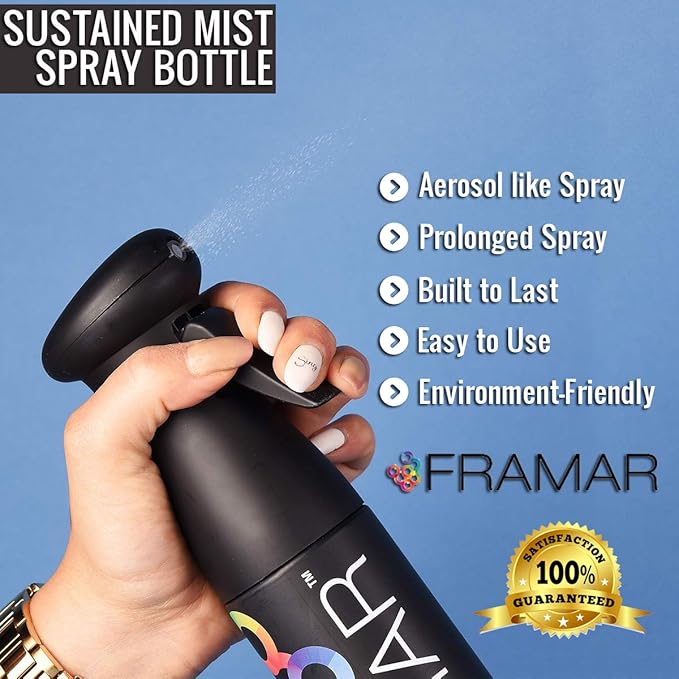FRAMAR Premium Hair Mister Spray Bottle – Continuous Spray Bottle For Hair, Water Sprayer, Continuous Mister for Salon Supplies – Ultra Fine Mist – Black 250 ml
