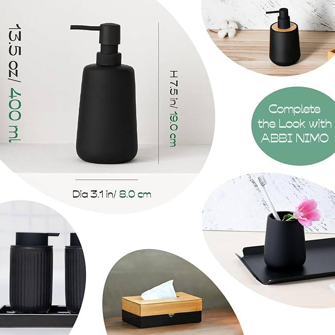 2 Pack Matte Black Ceramic Soap Dispenser, 13 oz Refillable Bathroom or Kitchen Countertop Dispenser with Soft Touch Rubber Coating