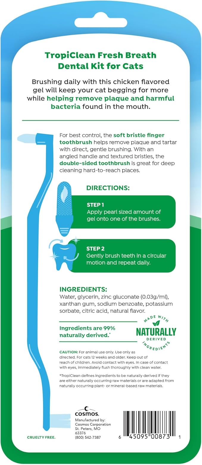 TropiClean Fresh Breath Cat Toothbrush and Toothpaste Kit, Cat Teeth Cleaning & Breath Freshener Solution, Complete Dental Care