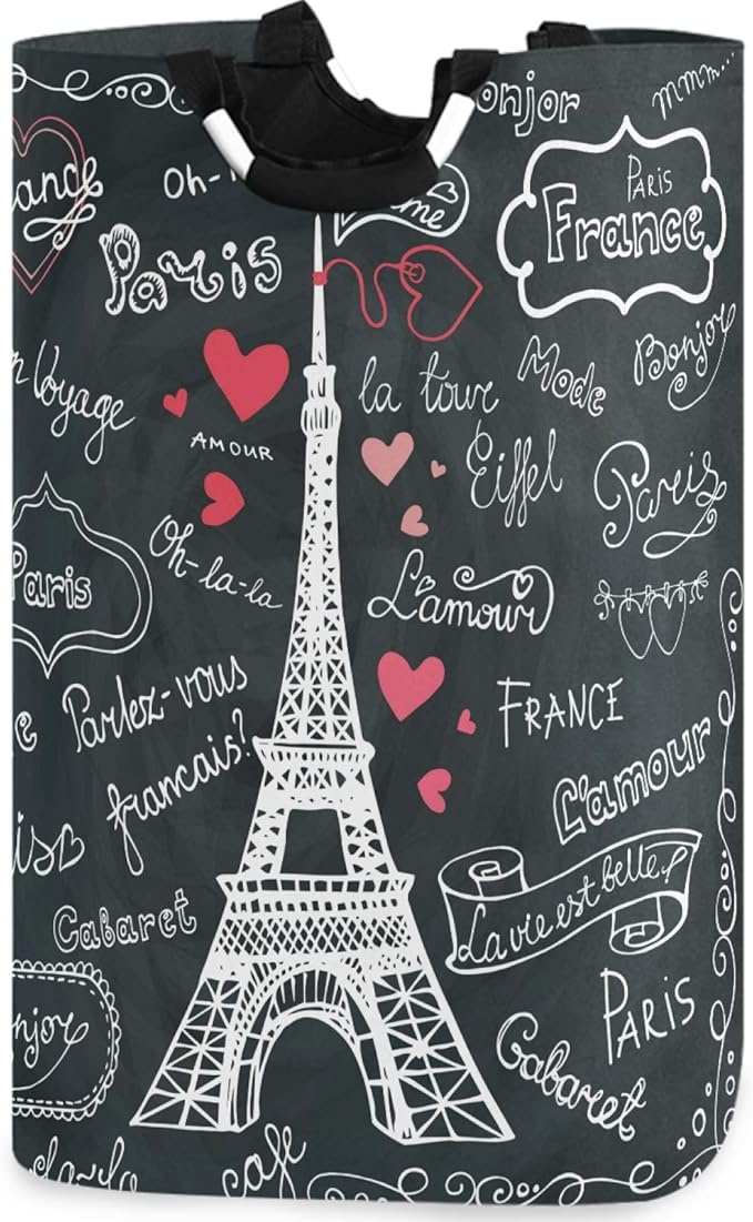 visesunny Large Capacity Laundry Hamper Basket Eiffel Tower France Paris Love Oxford Cloth Storage Baskets for Bedroom, Bathroom, Dorm, Kids Room