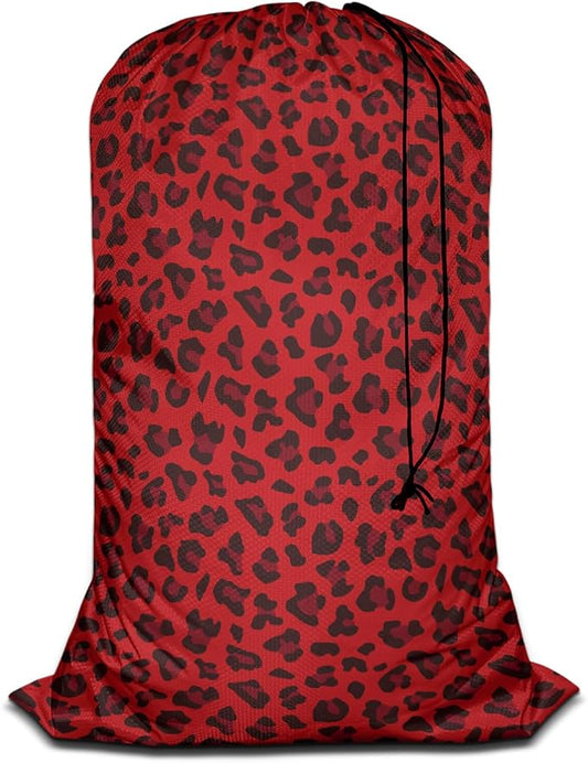Swono Red Leopard Pattern Laundry Bag Large Heavy Duty Laundry Backpack with Adjustable Drawstring Closure Animal Print Panther Wildlife Laundry Hamper for Traveling Dirty Clothes Organizer