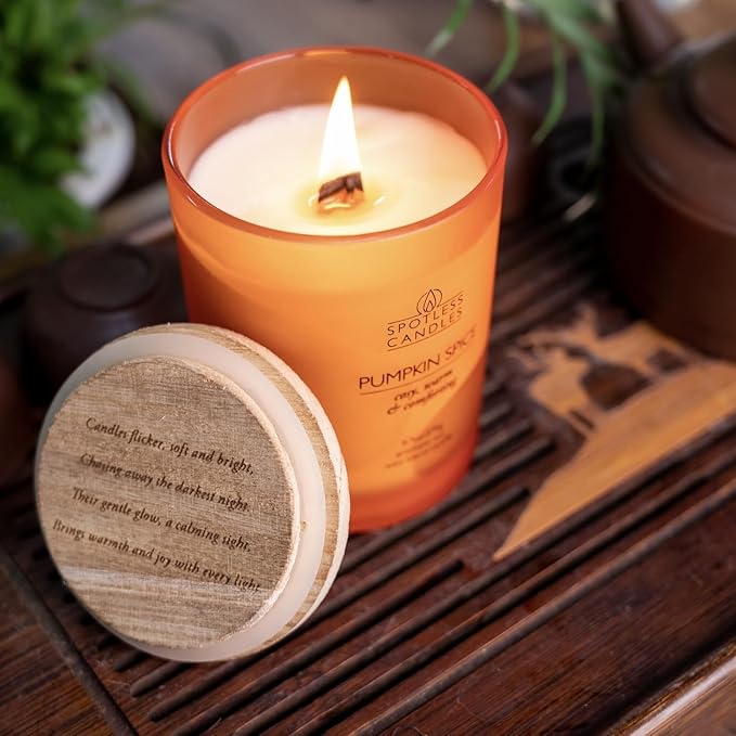 Pumpkin Spice Candle - 9.7 oz /275g Pumpkin Candle in Orange Frosted Glass Jar with Wooden Lid and Wooden Crackling Wick in Luxurious Gift Box - Cosy, Warm and Comforting
