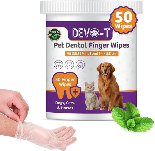 DEVO-T 100% Natural Dog Teeth Cleaning Wipes Mint Scented | 50 Count | Pet Teeth Cleaning Finger Wipes for Dogs, Cats & Horses | Remove Bad Breath, Plaque & Tartar Buildup | Dog Dental Wipes Finger