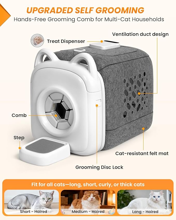 automatic cats self groomer - 360° Surround Skin Friendly cat grooming supplies,Cat Brushes with biomimetic cat tongue brush Include And Smart feeder For Long, or Short Haired [White]