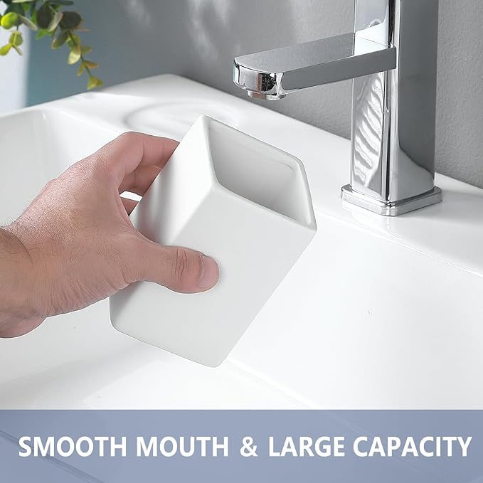 White Ceramic Toothbrush Holder - Square Bathroom Toothbrush Holder, Toothbrush Cup Holder Aesthetic Toothpaste Holder, Modern Family Size Toothbrush Organizer, Bathroom Tumbler Cup