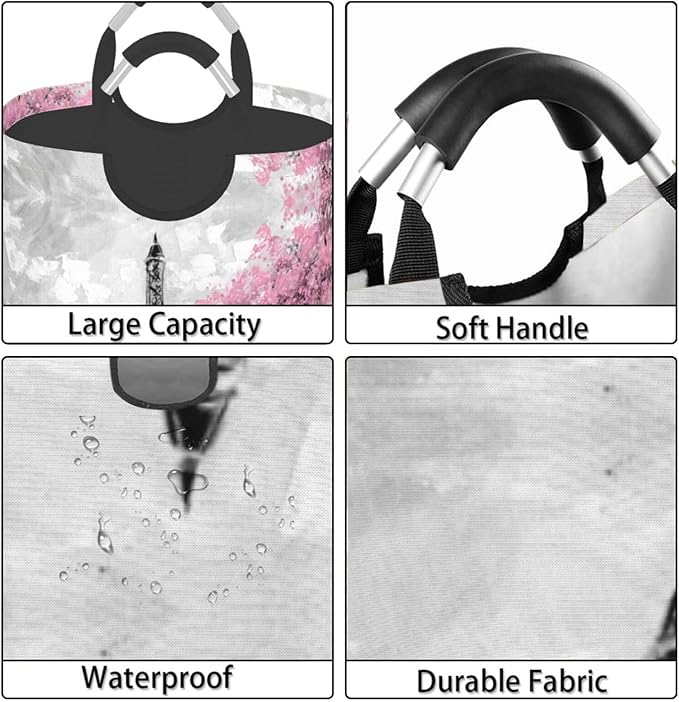 Paris Eiffel Tower Large Laundry Hamper Bag With Waterproof Liner - Laundry Basket Foldable Clothes Storage Organizer For Bathroom Bedroom Nursery Dorm