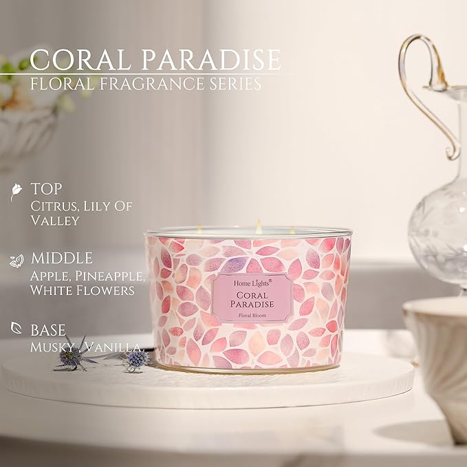 HomeLights Coral Paradise Scented Candles | 18oz Soy Candles Bohemian Natural Textures 4-Wick Large Candle Jars | Ideal Candle Gifts for Events, Home Decor Stress, Relief & Relaxation