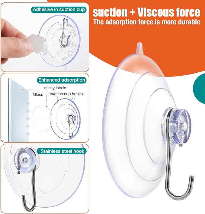 2.5-inch Large Suction Cup Hooks, Heavy-Duty Suction Hook for Bathrooms, Showers, Kitchens, and Outdoor Glass Doors or Windows to Suspend Garlands (7 Lb / 6-Pack)