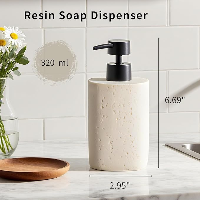 2 Pack Beige Resin Soap Dispensers, Refillable Liquid Lotion Dispenser Bottles with Travertine-Look for Bathroom and Kitchen Countertop, Modern Stone Texture (10.8 oz)