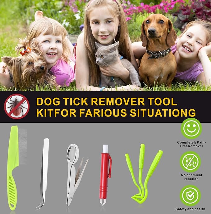 Tick Removal Tool for Dogs, Tick Tweezers Remover Tool Kit Quick Safe Tick Hook Flea Tick Tweezers Flea Comb Magnifying Glass for Dogs Cats