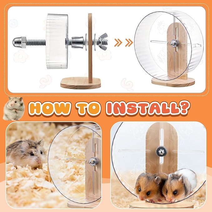 18 Pcs Hamster Cage Accessories, Silent Hamster Wheel, 15 Chew Toys Set, Maze Wood House and Water Bottle Set for Rat Mice Small Animals Habitat (Fun Interactive Style)