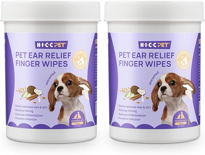 HICC PET Ear Cleaner Wipes for Dogs & Cats, Vet-Recommended Dog Ear Infection Treatment to Relief Itching & Inflammation, Remove Wax, Dirt & Stop Smelly, Cleaning Deodorizing Wipes 100ct(Unscented)