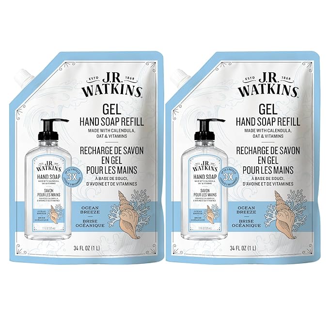 J.R. Watkins Gel Hand Soap Refill, Moisturizing Hand Wash, Formulated with Plant-Based Cleansers, Alcohol-Free, Cruelty-Free, Ocean Breeze, 34 Fl Oz, 2 Pack