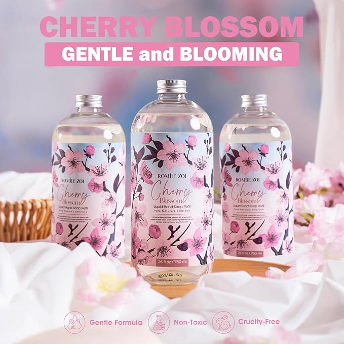 ROMIIE ZOI Cherry Blossom Liquid Hand Soap Refill Gift Set – 3 Pack (26 Fl Oz Each), Moisturizing & Gentle, Biodegradable Formula with Essential Oils for Spa, Kitchen, Bathroom
