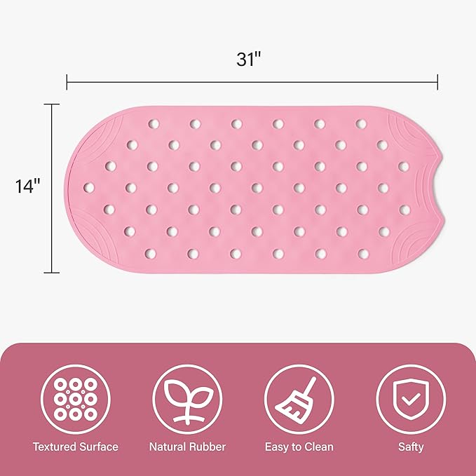 Rubber Bathtub Mat Shower Mat Non-Slip, 31x14 Inch, Bath Tub Floor Mat with Suction Cups and Drainage Holes, Pink