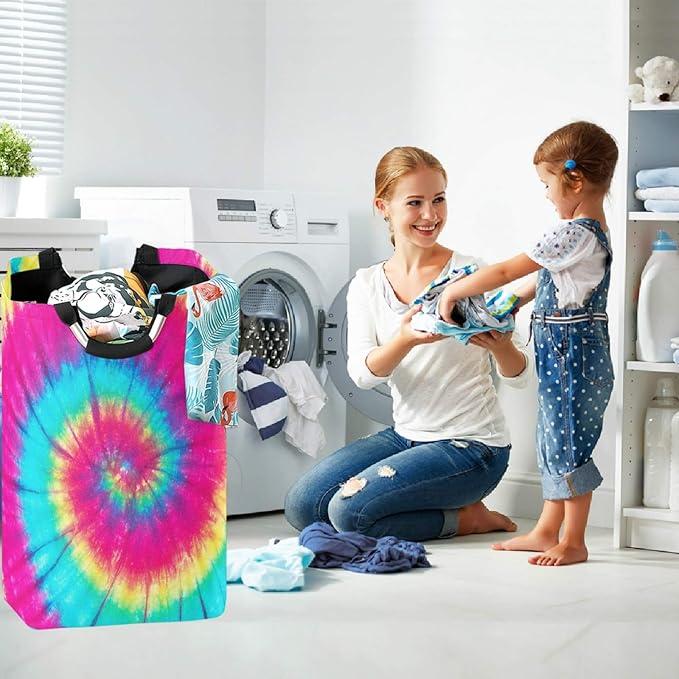 visesunny Large Capacity Laundry Hamper Basket Tie Dye Colorful Rainbow Water-Resistant Oxford Cloth Storage Baskets for Bedroom, Bathroom, Dorm, Kids Room