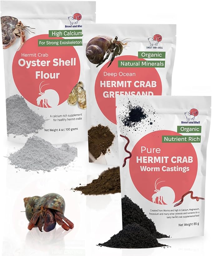 Hermit Crab Supplement Bundle – Greensand, Oyster Shell Powder and Worm Castings – Molting Support, Natural Calcium, Minerals and Protein – Auto Feeder Friendly, USA Sourced, Organic, Non-GMO