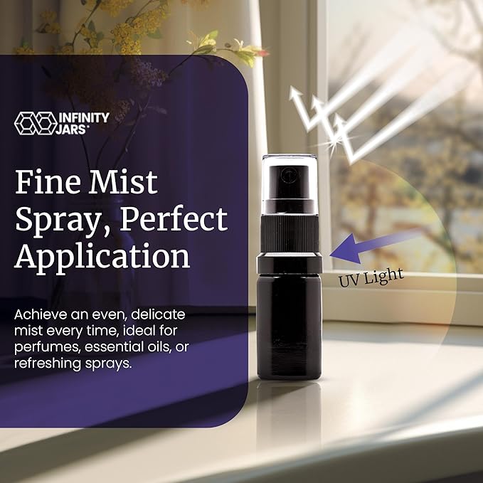 Infinity Jars 10 Ml (.34 fl oz) Black Ultraviolet Glass Fine Mist Spray Bottle Cleaning Products Refillable Containers Homemade Perfume Blends Room, Sprays Bath Beauty Hair, Screw Top Bottles 10-Pack