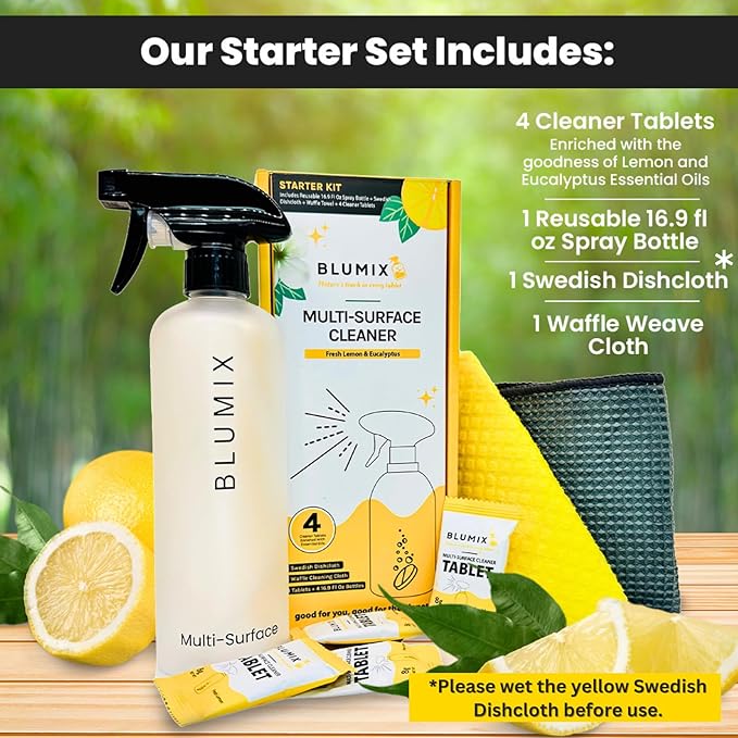 Eco-Friendly Cleaning Kit – Spray Bottle, 4 Refill Tablets, Swedish Dishcloth & Glass Cloth | Lemon & Eucalyptus | Plant-Based, Biodegradable All-Purpose Surface Cleaner Starter Set, Gift