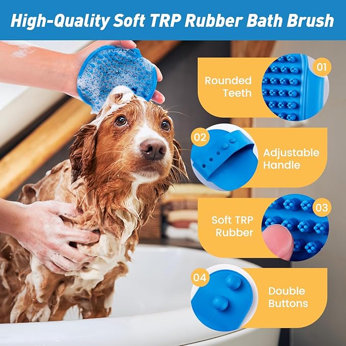 Pet Shower & Bath Supplies，Dog Shampoo Brush Set with Towel, Washing Gloves,Comb for Dogs and Cats (Blue)