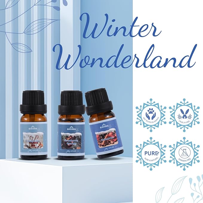 Winter Fragrance Oils, AVEOIRA Essential Oils Gift Set for Diffuser, Candle, Soap Making Scented Oils, Cinnamon, Gingerbread, Christmas Tree, Spiced Cider, Candy Cane, Cranberry Orange