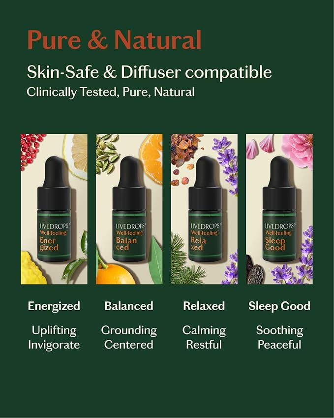 LIVEDROPS 24/7 Essential Oil Gift Set 4 mini Aromatherapy Blends for Energy, Sleep, Relax Natural Oils for Diffuser or Skin Crafted in France by Perfumers Wellness Gift