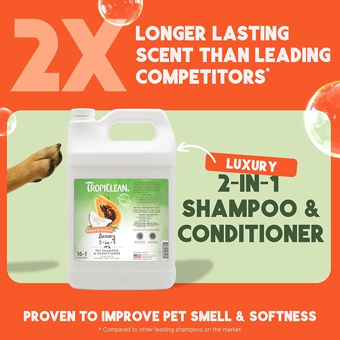 TropiClean 2-in-1 Dog Shampoo and Conditioner, Professional Dog Shampoo, Moisturizing Detangler, Puppy Safe, Made in USA, Papaya Scent, 1 Gallon