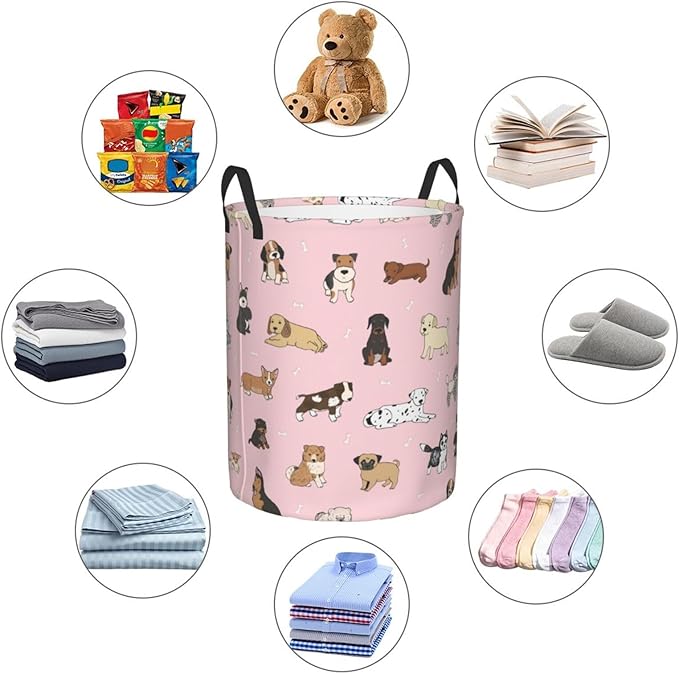 Cute Dogs Pink Laundry Hamper Bag With Waterproof Liner - Round Laundry Basket Foldable Clothes Storage Organizer For Bathroom Bedroom Nursery Dorm, S-16.5"X 13.8"