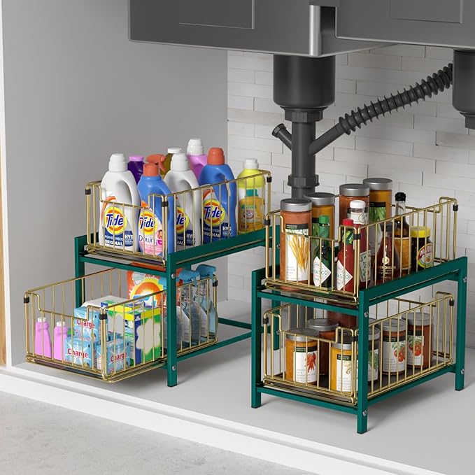 2 Tier Sliding Basket Drawer Organizer, Lxmons Pull Out Under Sink Cabinets Organizers, Metal Home Shelf for Bathroom or Kitchen, Sliding Countertop or Pantry Storage Shelf, Large Gold Green