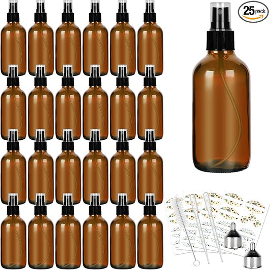 CycleMore 25 Pack 4oz Amber Glass Spray Bottles with Fine Mist Sprayers, Glass Travel Bottles for Cosmetic Essential Oils Cleaning Solutions Perfumes & More Liquids Ideal GIft
