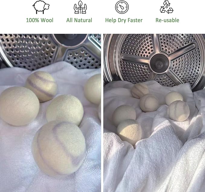 Wool Dryer Balls Laundry Reusable, 100% Natural New Zealand Wool Balls for Dryer, 6 in 1 Pack (Grey Stripe)