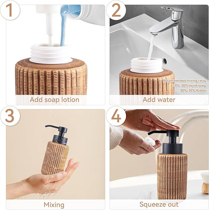Comeon Hand Soap Dispenser, 400ml/13.5oz Ceramic Bathroom Dish Soap Dispenser for Kitchen Sink Brown Refillable Soap Dispensers in Kitchen Countertop Shower (13.5oz,Light Color)