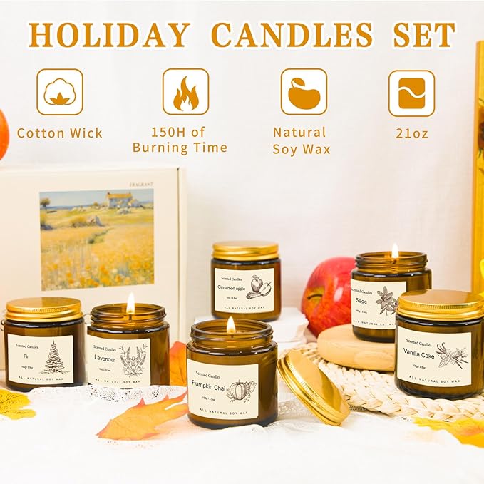 Long Lasting Soy Candles for Home, 6 Pack Holiday Scented Candle Gift Set with Cinnamon Apple, Pumpkin Chai & Vanilla, Natural Aromatherapy Candles, Christmas Gifts for Women
