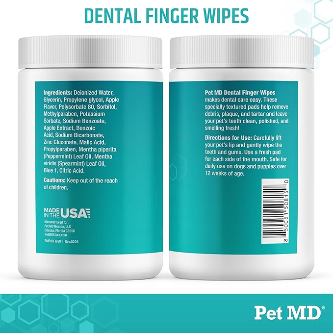 Pet MD Pet Dental Finger Wipes for Dogs - Plaque and Tartar Remover for Dogs to Improve Oral Care - Pet Teeth Cleaning Finger Wipes for Healthy Gums and Fresh Breath - Fresh Apple & Mint, 50ct