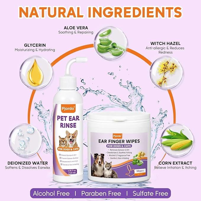Dog Ear Cleaner Kit - Dog Ear Finger Wipes and Ear Cleaner Solution for Dogs and Cats, Gently Remove Ear Wax & Debris, Soothe Ear Itching, Deodorize, Pet Ear Wash with Aloe Vera & Witch Hazel