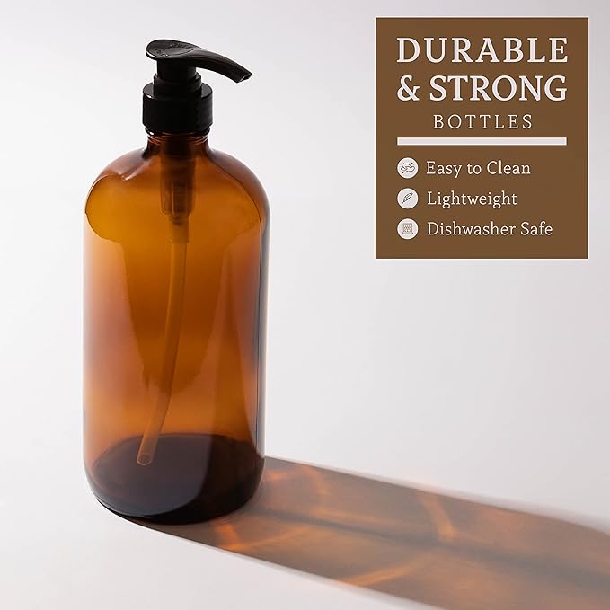 32 Ounce Glass Pump Dispenser Bottle, Large Amber Container with Pump for Shower and Bath Shampoo Soap Conditioner Lotion - 1 Liter - by Kitchentoolz