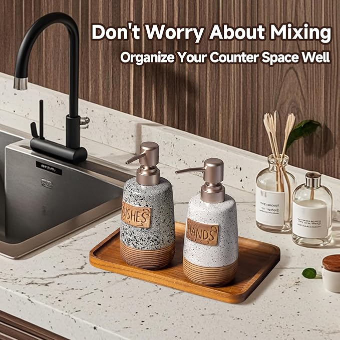 Hand and Dish Soap Dispenser Set, Farmhouse Ceramic Soap Dispenser for Kitchen Sink, 15 OZ Vintage Hand Wash Liquid Dispenser for Bathroom Farmhouse Modern Kitchen Decor Accessories