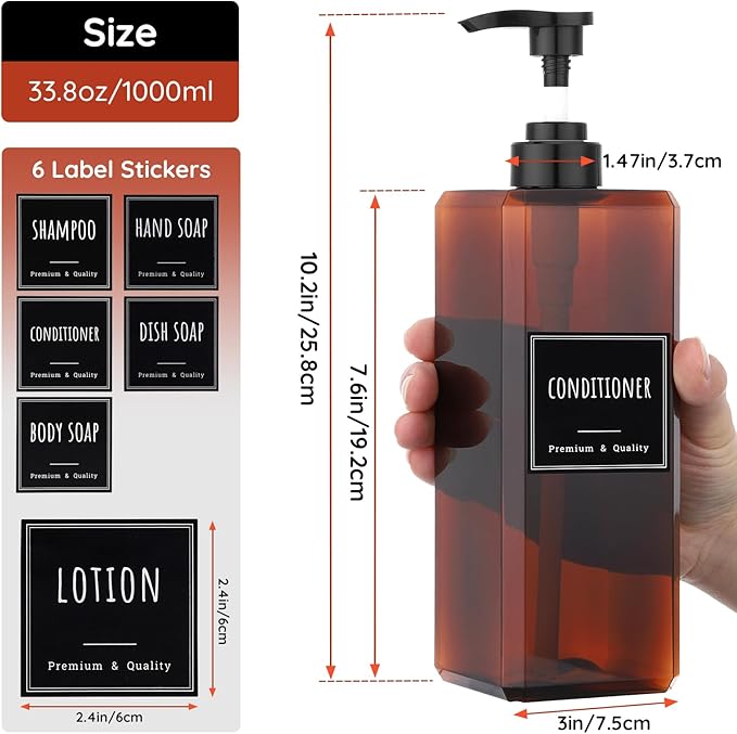 Segbeauty 33.8oz Amber Soap Dispenser Bathroom, 3pcs Plastic Soap Dispenser with Labels, Pump Bottles for Shampoo and Conditioner, 1000ml Large Square Lotion Pump Bottle Refillable Body Wash Container