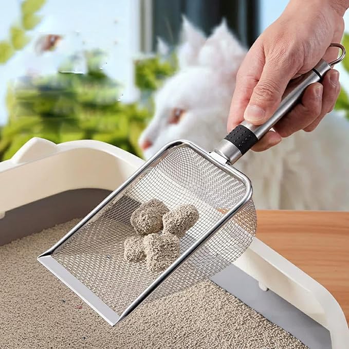 Integrated Metal Cat Litter Scoop, Stainless Steel Mesh Litter Scoop, Long Handle Cat Scooper, Poop Sifting Mesh Litter Deep Shovel, Cat Litter Scooper for Litter Box/Reptile Terrarium Sand Waste