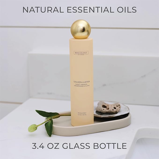 Benevolence LA Golden Luster Room Spray | Orange, Cedarwood & Clove | 3.4oz | Fall Home Fragrance, Pillow & Linen Spray | Low VOC, No Alcohol | Malibu Sands Collection