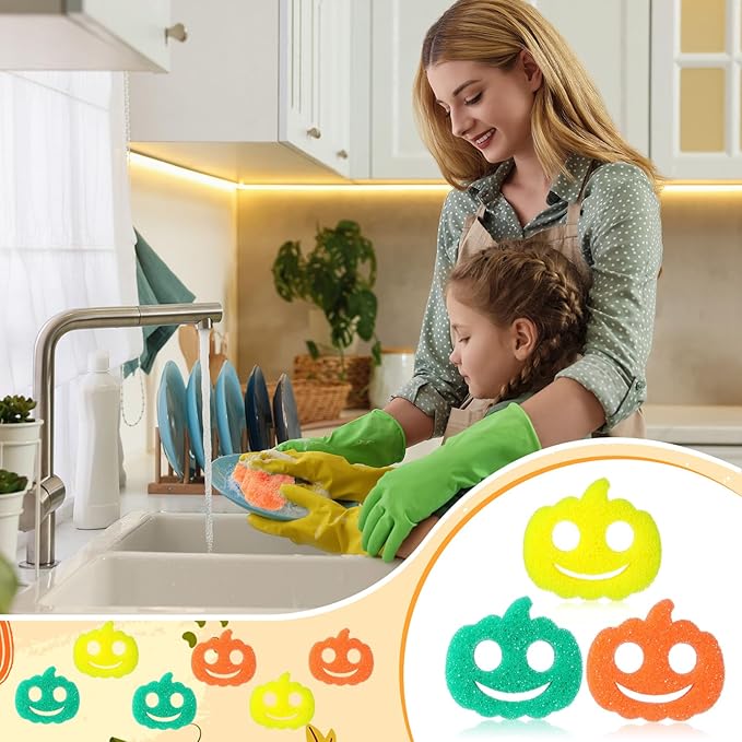 3 Pcs Dual Sided Scrub Sponge Multi Functional Cute Temperature Sensitive Non Scratch Dish Sponge for Washing Dishes Kitchen Bathroom (Thanksgiving Pumpkin,Orange, Yellow, Green)