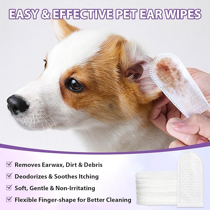 Dog Ear Cleaner Finger Wipes, Ear Finger Wipes for Dogs & Cats, Gently Remove Ear Wax, Debris, Sooths & Deodorizes, Relieve Ear Itching, Pet Ear Wipes with Aloe Vera & Witch Hazel - 50 Count
