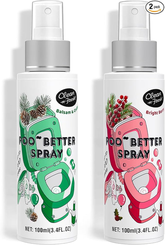 Clean-n-Fresh Toilet Spray, Holiday Pack Gift Set - 6.8 Fl Oz Balsam & Cedar and Bright Berry, Bathroom Odor Deodorizer, Up to 400 Uses