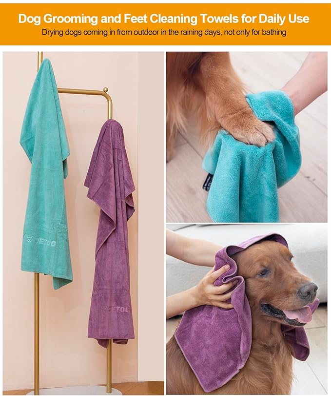 2-PCS Fast Drying Dog Towels - 56 x 28 Inch Ultra Soft & Absorbent Large Dog Towel with 30 x 14 Inch Daily Use Paw Towel - 100% Microfiber Pet Bath Grooming Towels for Dogs Cats, Green
