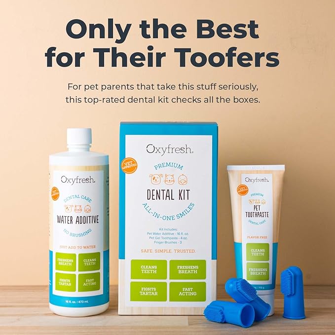 Oxyfresh Premium Pet Dental Kit for Dogs & Cats – Easiest Breath Freshener & Teeth Cleaning Solution for Fresh Breath, Clean Teeth, Plaque & Tartar Control – 4oz Toothpaste + 16oz Water Additive