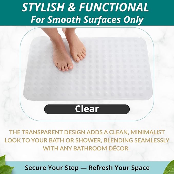 ENKOSI Non Slip Shower Mat – Bath Mat for Tub and Shower Floors – Anti Slip Bathtub Mat with Strong Suction Cup Grip – Soft, White Bathroom Mat for Inside Baths and Showers (28x16 Clear)